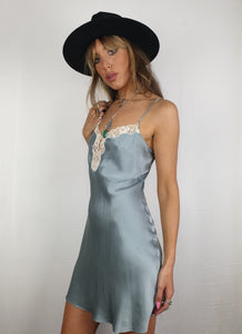 Ice blue silk slip with white lace